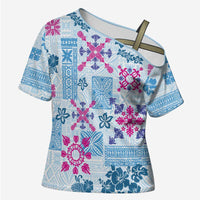 Hawaii Tapa Tribal Cross Shoulder Shirt With Hawaiian Quilt Pattern Blue - Polynesian Pride