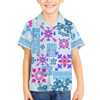 Hawaii Tapa Tribal Family Matching Off Shoulder Long Sleeve Dress and Hawaiian Shirt With Hawaiian Quilt Pattern Blue LT9 Son's Shirt Blue - Polynesian Pride