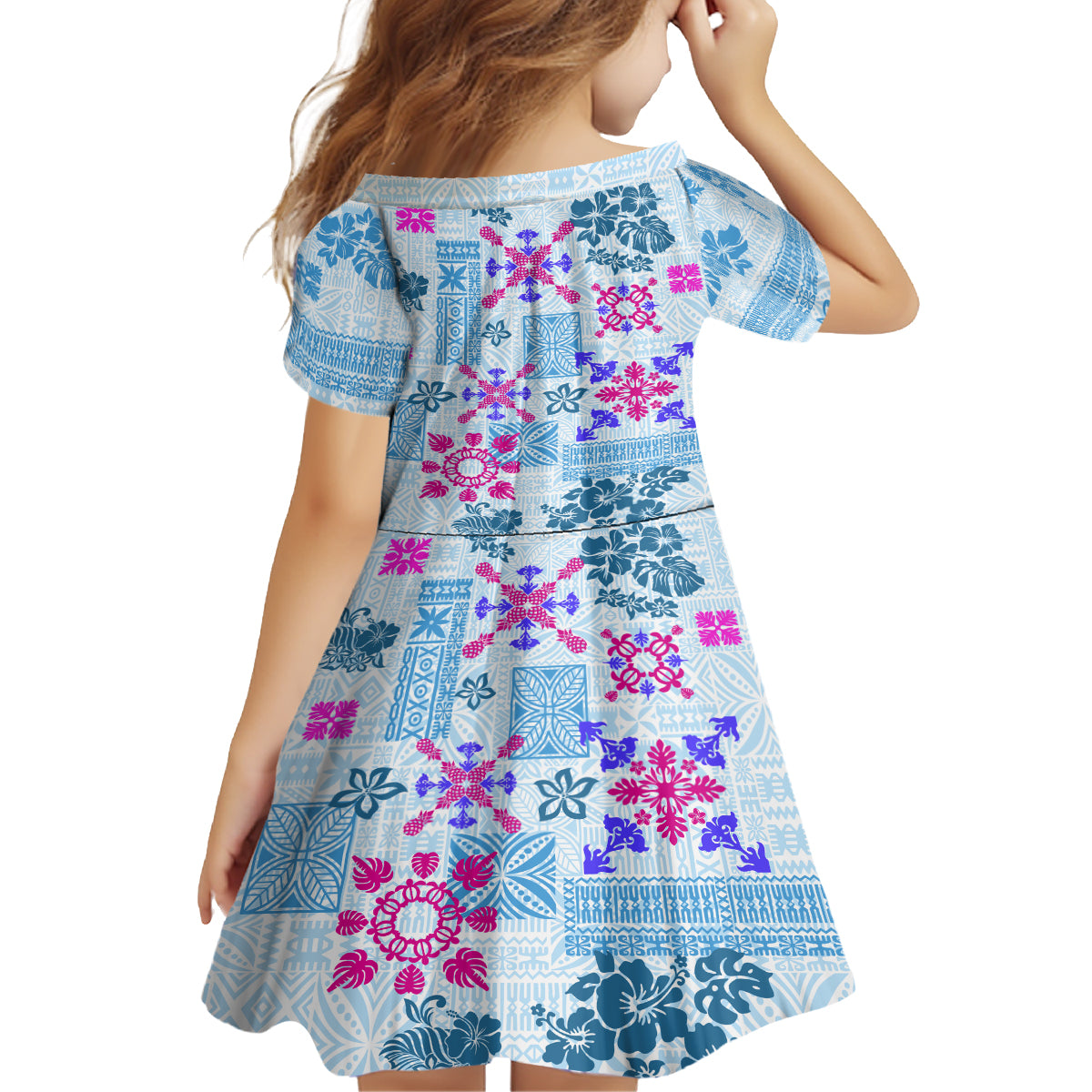 Hawaii Tapa Tribal Family Matching Off Shoulder Short Dress and Hawaiian Shirt With Hawaiian Quilt Pattern Blue LT9 - Polynesian Pride