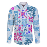 Hawaii Tapa Tribal Family Matching Puletasi Dress and Hawaiian Shirt With Hawaiian Quilt Pattern Blue LT9 Dad's Shirt - Long Sleeve Blue - Polynesian Pride