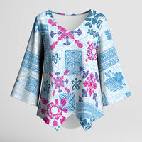 Hawaii Tapa Tribal Kimono Sleeve Blouse With Hawaiian Quilt Pattern Blue - Polynesian Pride