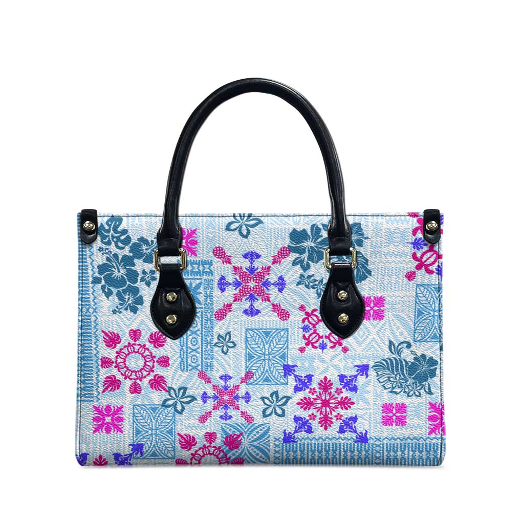 Hawaii Tapa Tribal Leather Bag With Hawaiian Quilt Pattern Blue - Polynesian Pride