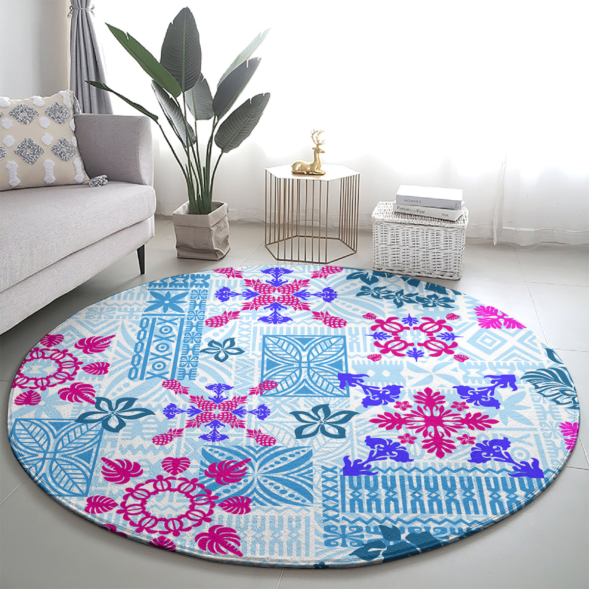 Hawaii Tapa Tribal Round Carpet With Hawaiian Quilt Pattern Blue LT9 - Polynesian Pride