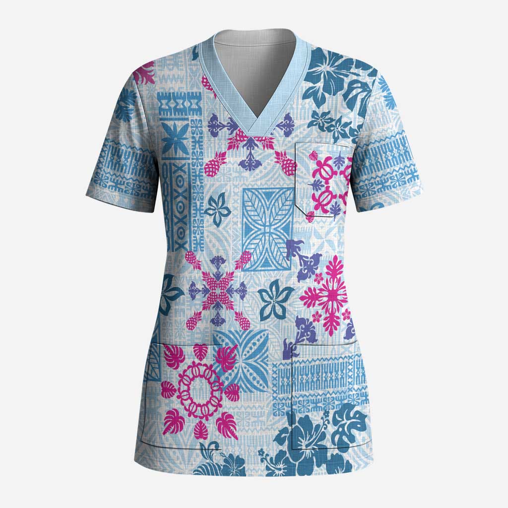 Hawaii Tapa Tribal Scrub Top With Hawaiian Quilt Pattern Blue - Polynesian Pride