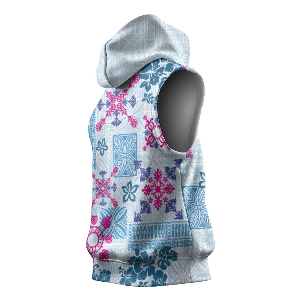 Hawaii Tapa Tribal Sleeveless Hoodie With Hawaiian Quilt Pattern Blue - Polynesian Pride
