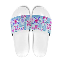Hawaii Tapa Tribal Slide Sandals With Hawaiian Quilt Pattern Blue - Polynesian Pride
