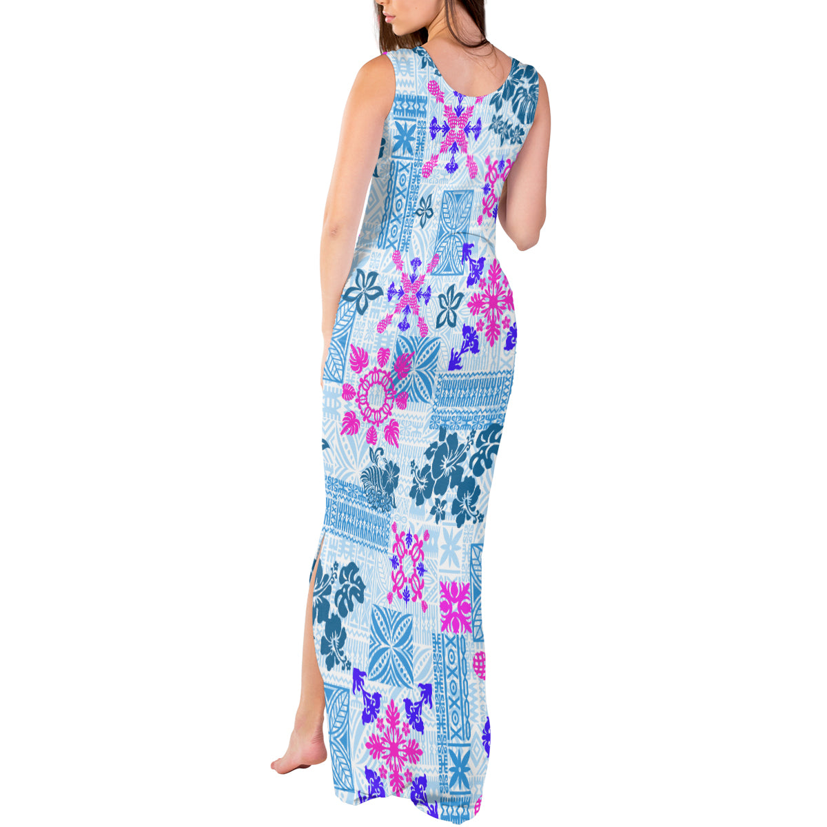 Hawaii Tapa Tribal Tank Maxi Dress With Hawaiian Quilt Pattern Blue LT9 - Polynesian Pride