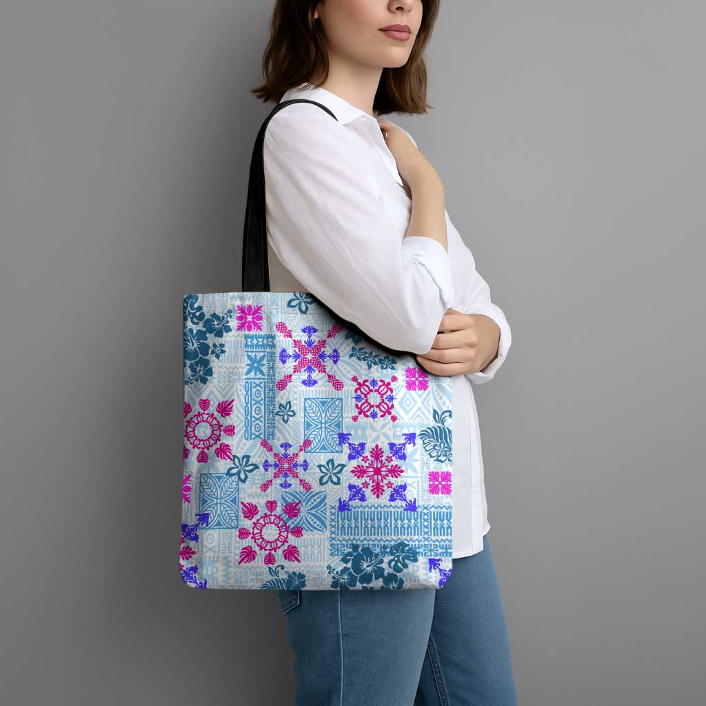 Hawaii Tapa Tribal Tote Bag With Hawaiian Quilt Pattern Blue - Polynesian Pride
