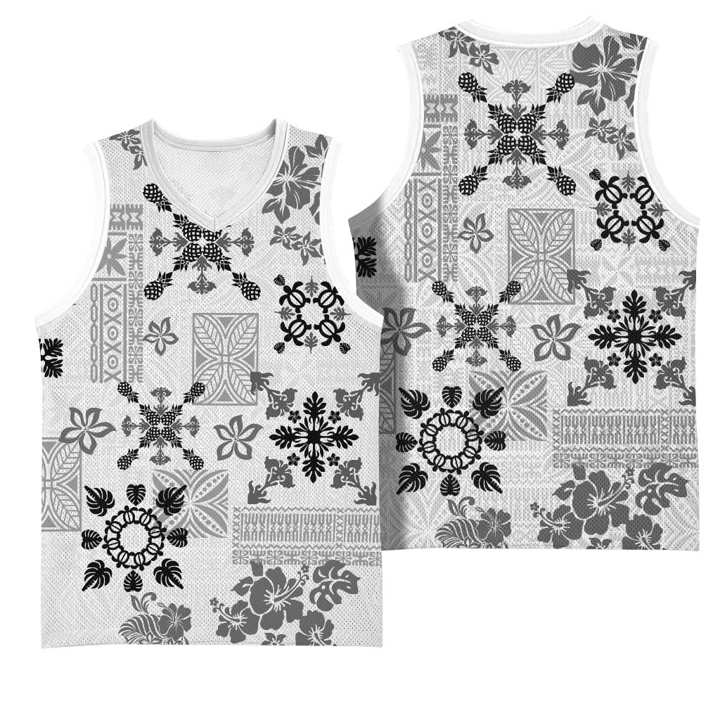 Hawaii Tapa Tribal Basketball Jersey With Hawaiian Quilt Pattern Black - Polynesian Pride