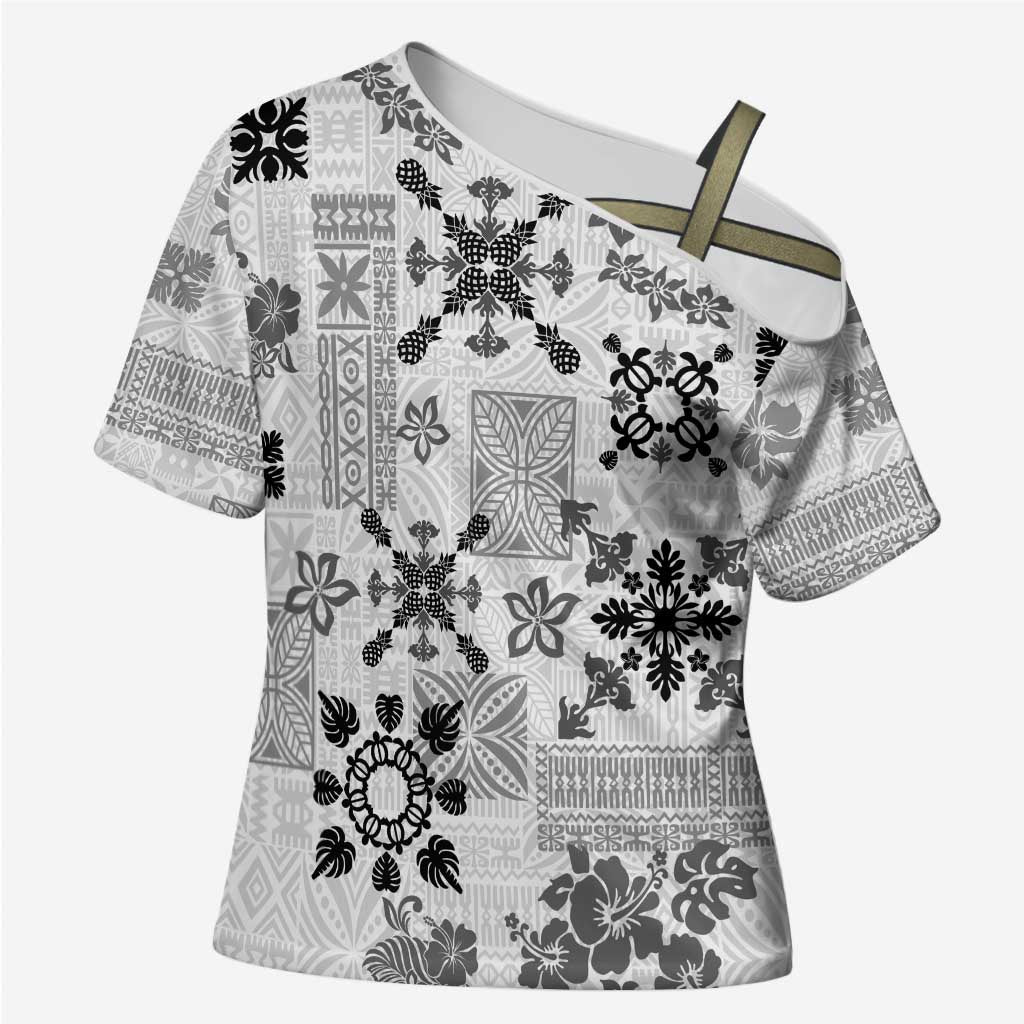 Hawaii Tapa Tribal Cross Shoulder Shirt With Hawaiian Quilt Pattern Black LT9 Female Black - Polynesian Pride
