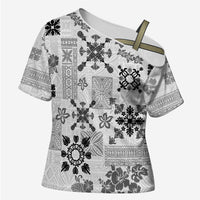 Hawaii Tapa Tribal Cross Shoulder Shirt With Hawaiian Quilt Pattern Black LT9 Female Black - Polynesian Pride