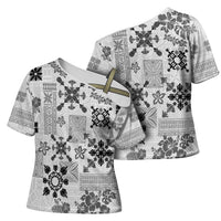 Hawaii Tapa Tribal Cross Shoulder Shirt With Hawaiian Quilt Pattern Black LT9 - Polynesian Pride
