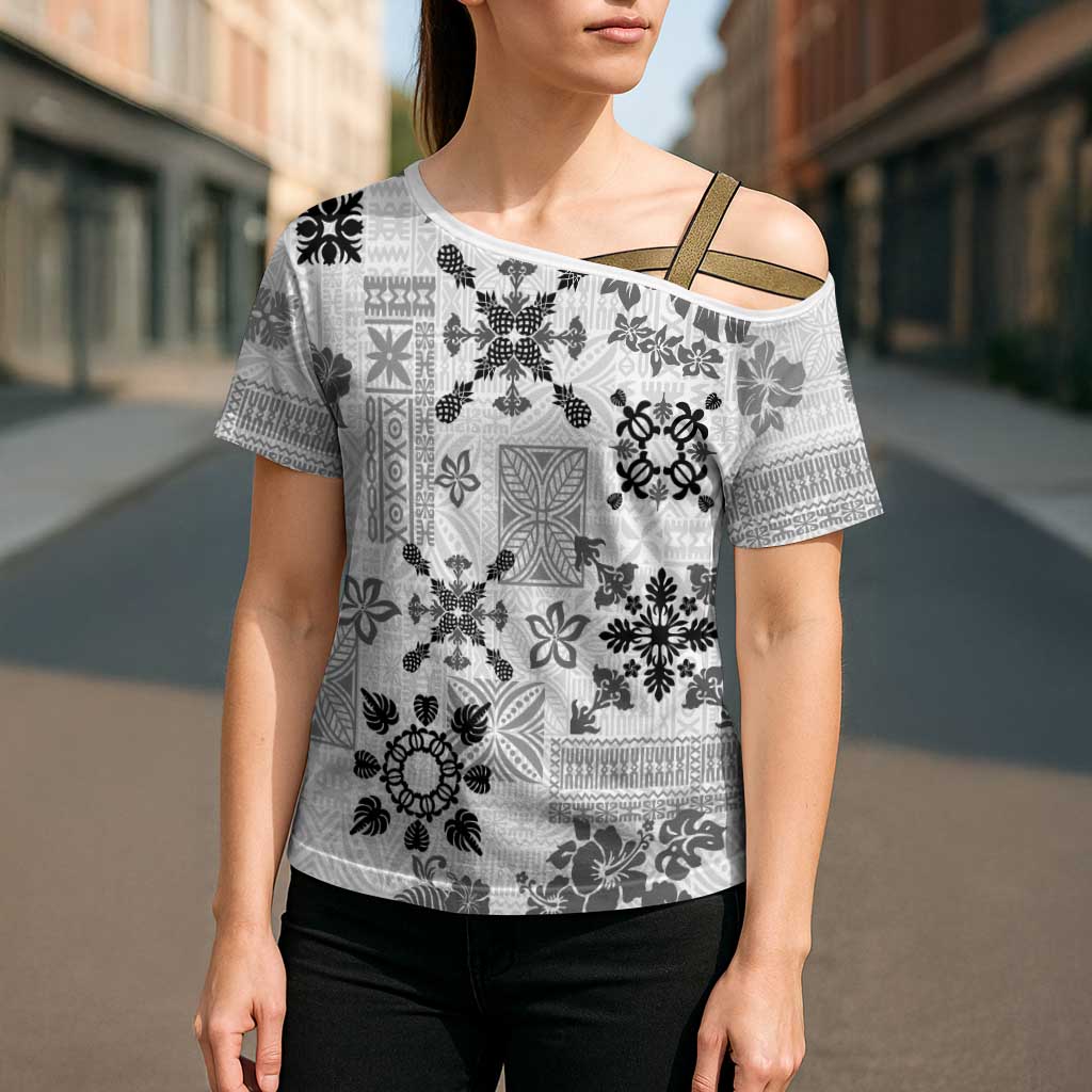 Hawaii Tapa Tribal Cross Shoulder Shirt With Hawaiian Quilt Pattern Black LT9 - Polynesian Pride