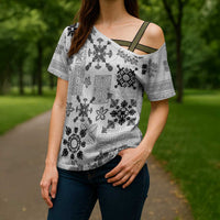 Hawaii Tapa Tribal Cross Shoulder Shirt With Hawaiian Quilt Pattern Black LT9 - Polynesian Pride
