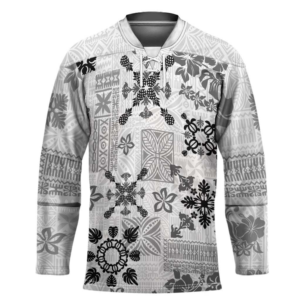 Hawaii Tapa Tribal Hockey Jersey With Hawaiian Quilt Pattern Black LT9 Unisex Black - Polynesian Pride