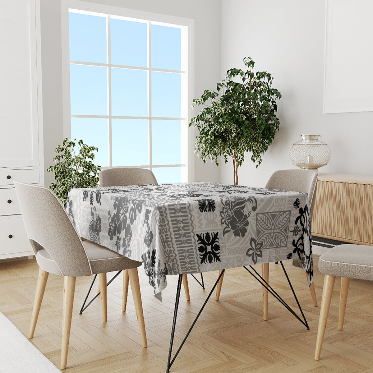 Hawaii Tapa Tribal Tablecloth With Hawaiian Quilt Pattern Black LT9 - Polynesian Pride