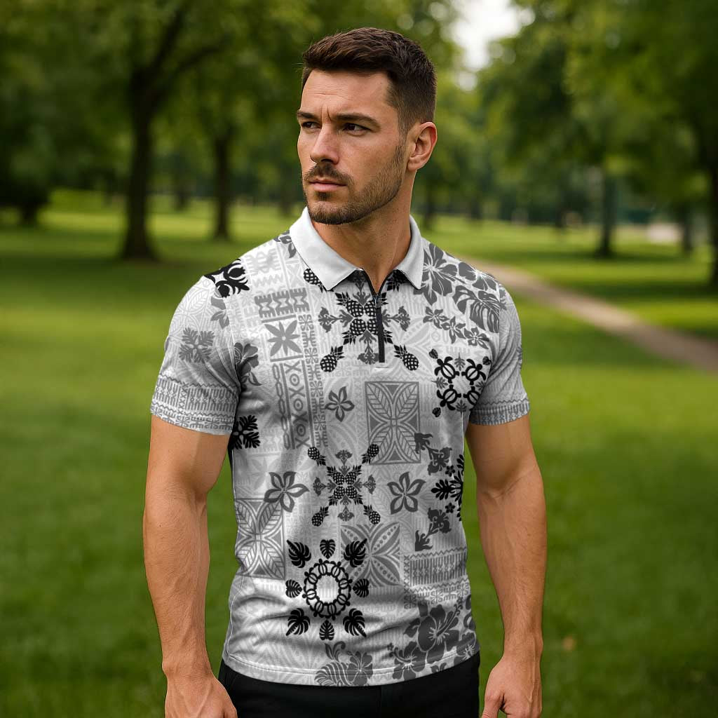 Hawaii Tapa Tribal Zipper Polo Shirt With Hawaiian Quilt Pattern Black - Polynesian Pride