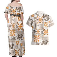 Hawaii Tapa Tribal Couples Matching Off Shoulder Maxi Dress and Hawaiian Shirt With Hawaiian Quilt Pattern Gold LT9 - Polynesian Pride