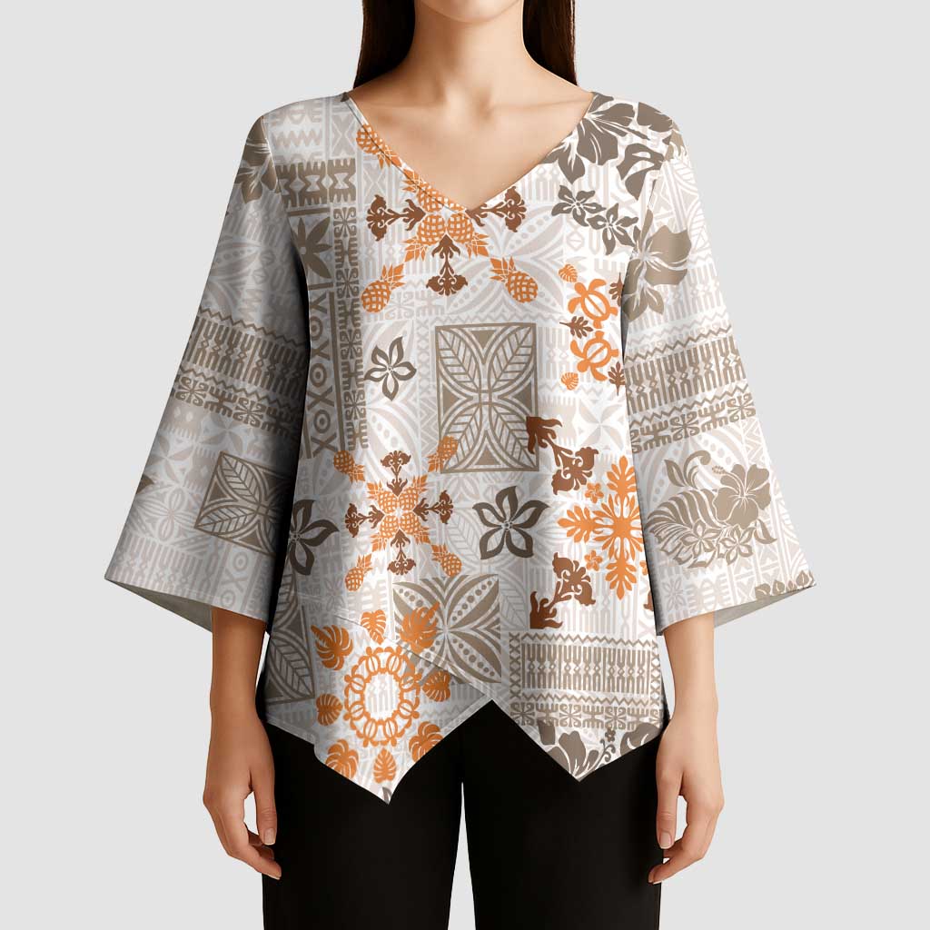 Hawaii Tapa Tribal Kimono Sleeve Blouse With Hawaiian Quilt Pattern Gold - Polynesian Pride