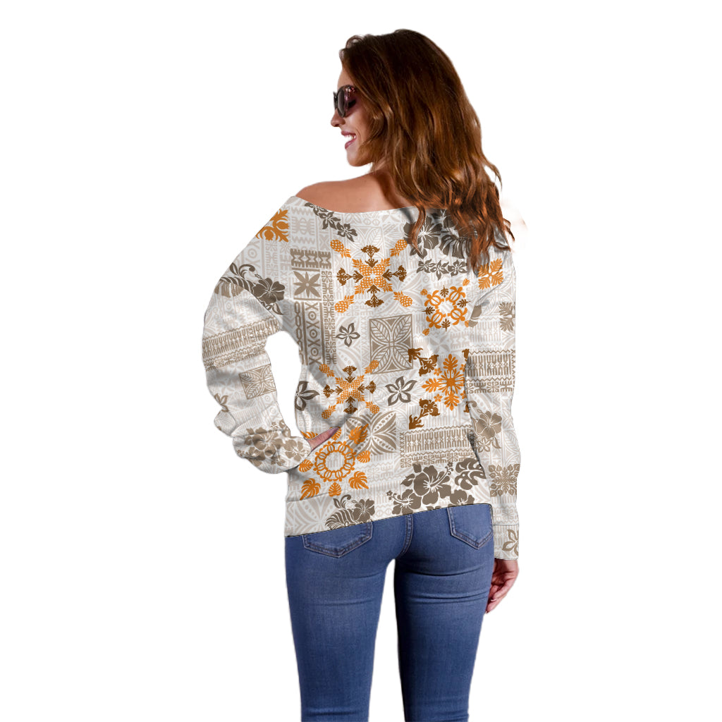 Hawaii Tapa Tribal Off Shoulder Sweater With Hawaiian Quilt Pattern Gold LT9 - Polynesian Pride