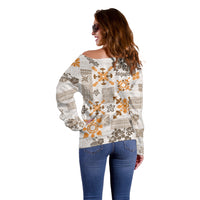 Hawaii Tapa Tribal Off Shoulder Sweater With Hawaiian Quilt Pattern Gold LT9 - Polynesian Pride