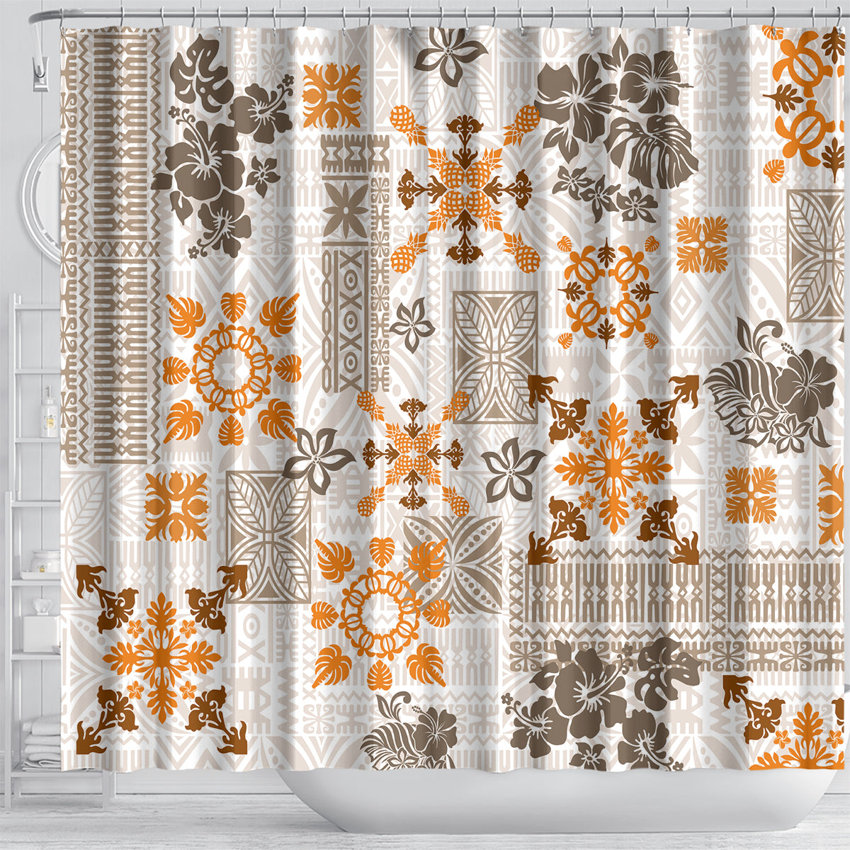 Hawaii Tapa Tribal Shower Curtain With Hawaiian Quilt Pattern Gold LT9 - Polynesian Pride