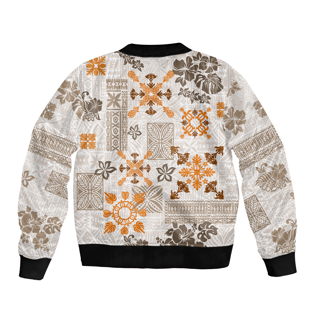Hawaii Tapa Tribal Sleeve Zip Bomber Jacket With Hawaiian Quilt Pattern Gold LT9 - Polynesian Pride