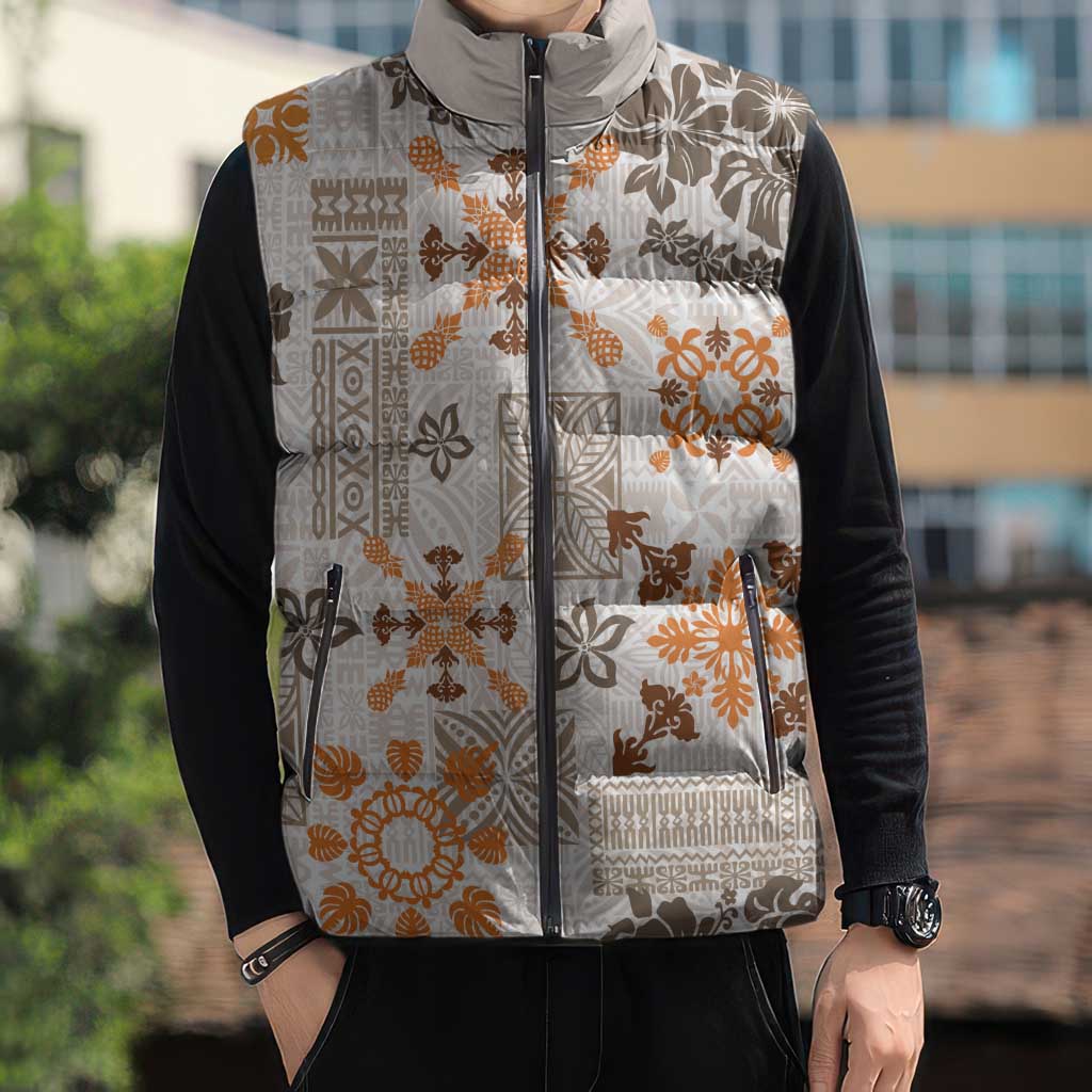 Hawaii Tapa Tribal Sleeveless Puffer Jacket With Hawaiian Quilt Pattern Gold LT9 - Polynesian Pride