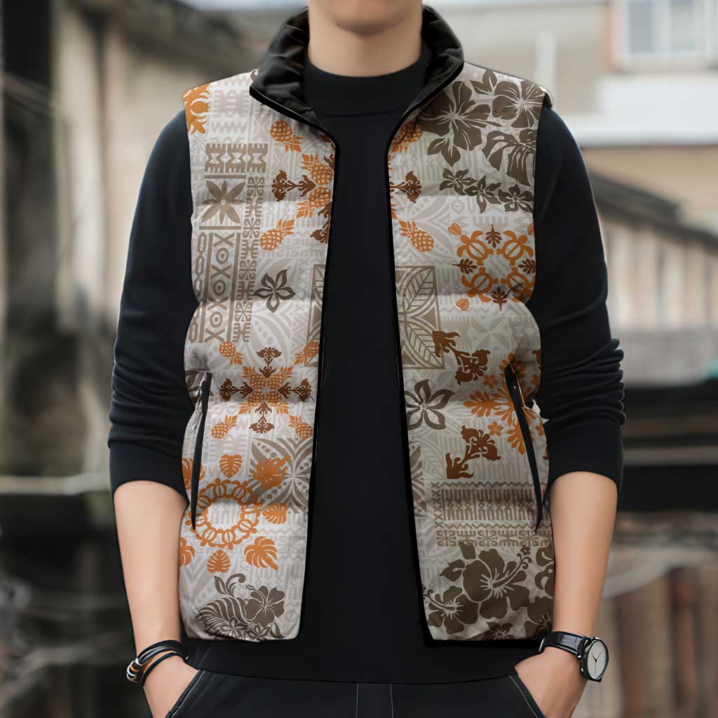 Hawaii Tapa Tribal Sleeveless Puffer Jacket With Hawaiian Quilt Pattern Gold LT9 - Polynesian Pride