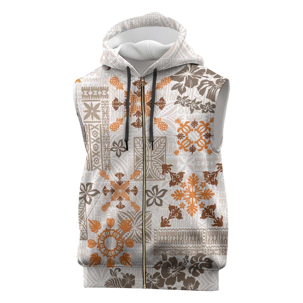 Hawaii Tapa Tribal Sleeveless Zip Hoodie With Hawaiian Quilt Pattern Gold - Polynesian Pride