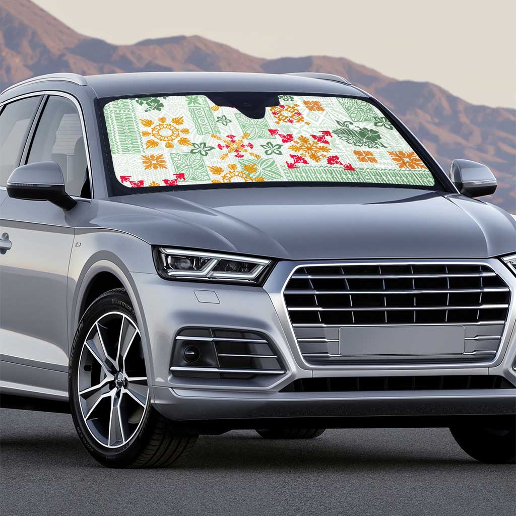 Hawaii Tapa Tribal Auto Sun Shade With Hawaiian Quilt Pattern Green - Polynesian Pride