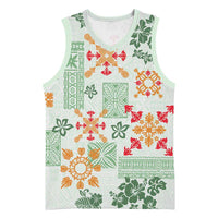 Hawaii Tapa Tribal Basketball Jersey With Hawaiian Quilt Pattern Green - Polynesian Pride