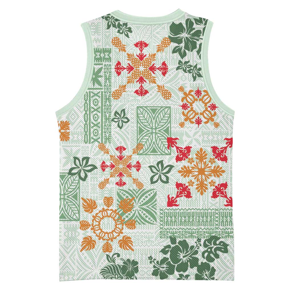 Hawaii Tapa Tribal Basketball Jersey With Hawaiian Quilt Pattern Green - Polynesian Pride