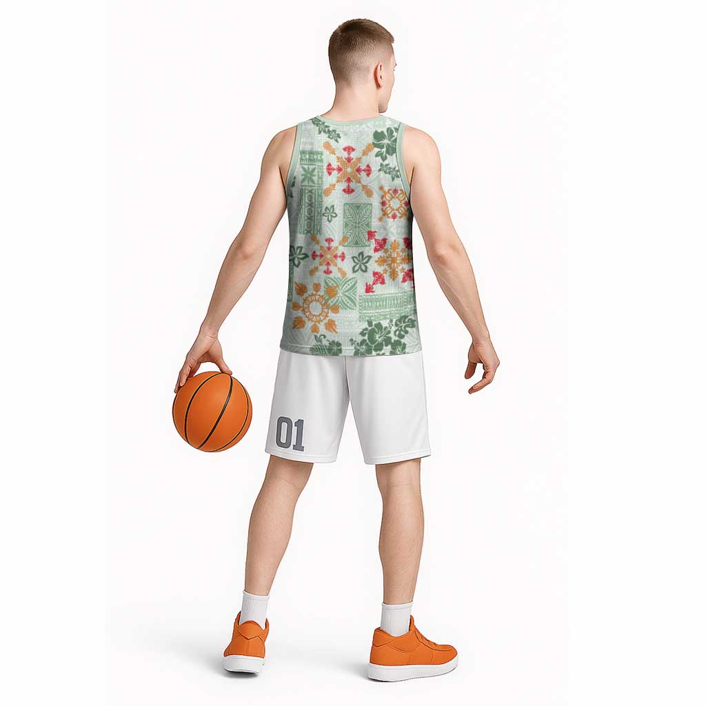Hawaii Tapa Tribal Basketball Jersey With Hawaiian Quilt Pattern Green - Polynesian Pride