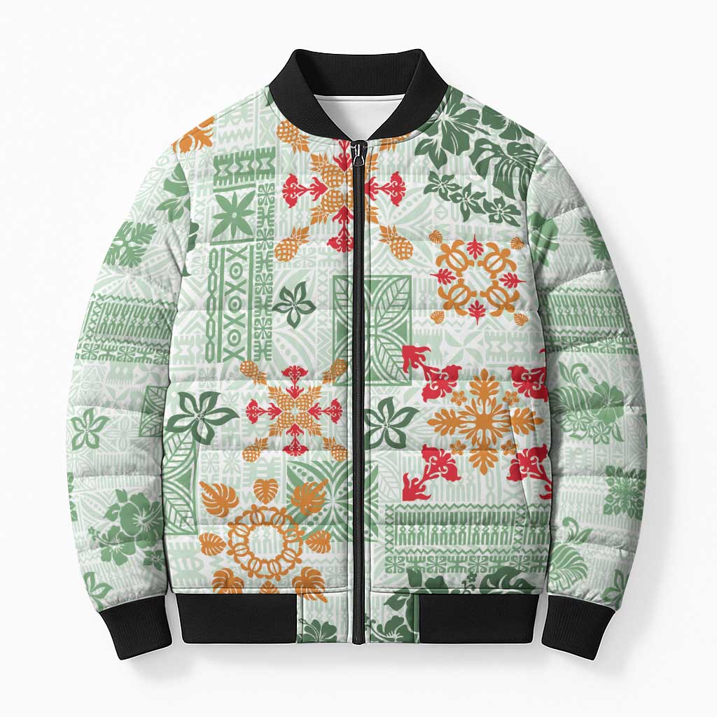 Hawaii Tapa Tribal Bomber Puffer Jacket With Hawaiian Quilt Pattern Green - Polynesian Pride