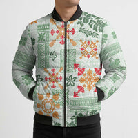Hawaii Tapa Tribal Bomber Puffer Jacket With Hawaiian Quilt Pattern Green - Polynesian Pride