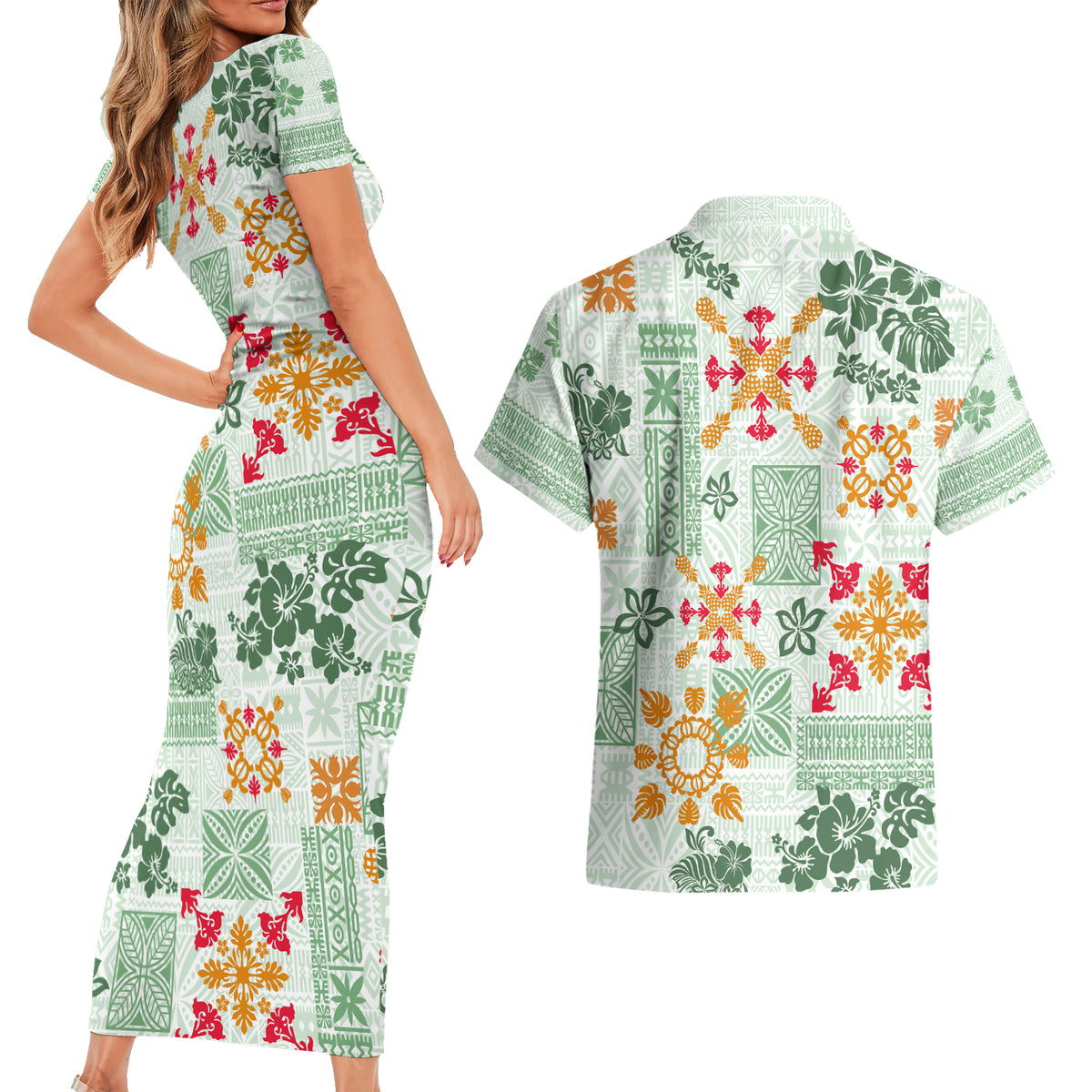 Hawaii Tapa Tribal Couples Matching Short Sleeve Bodycon Dress and Hawaiian Shirt With Hawaiian Quilt Pattern Green LT9 - Polynesian Pride
