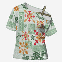 Hawaii Tapa Tribal Cross Shoulder Shirt With Hawaiian Quilt Pattern Green - Polynesian Pride