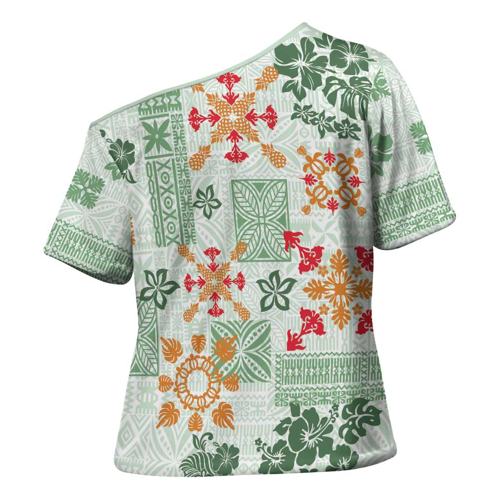 Hawaii Tapa Tribal Cross Shoulder Shirt With Hawaiian Quilt Pattern Green - Polynesian Pride