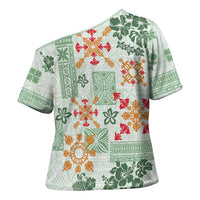 Hawaii Tapa Tribal Cross Shoulder Shirt With Hawaiian Quilt Pattern Green - Polynesian Pride