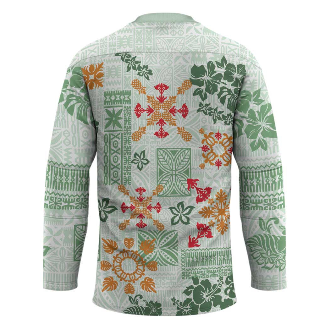 Hawaii Tapa Tribal Hockey Jersey With Hawaiian Quilt Pattern Green - Polynesian Pride