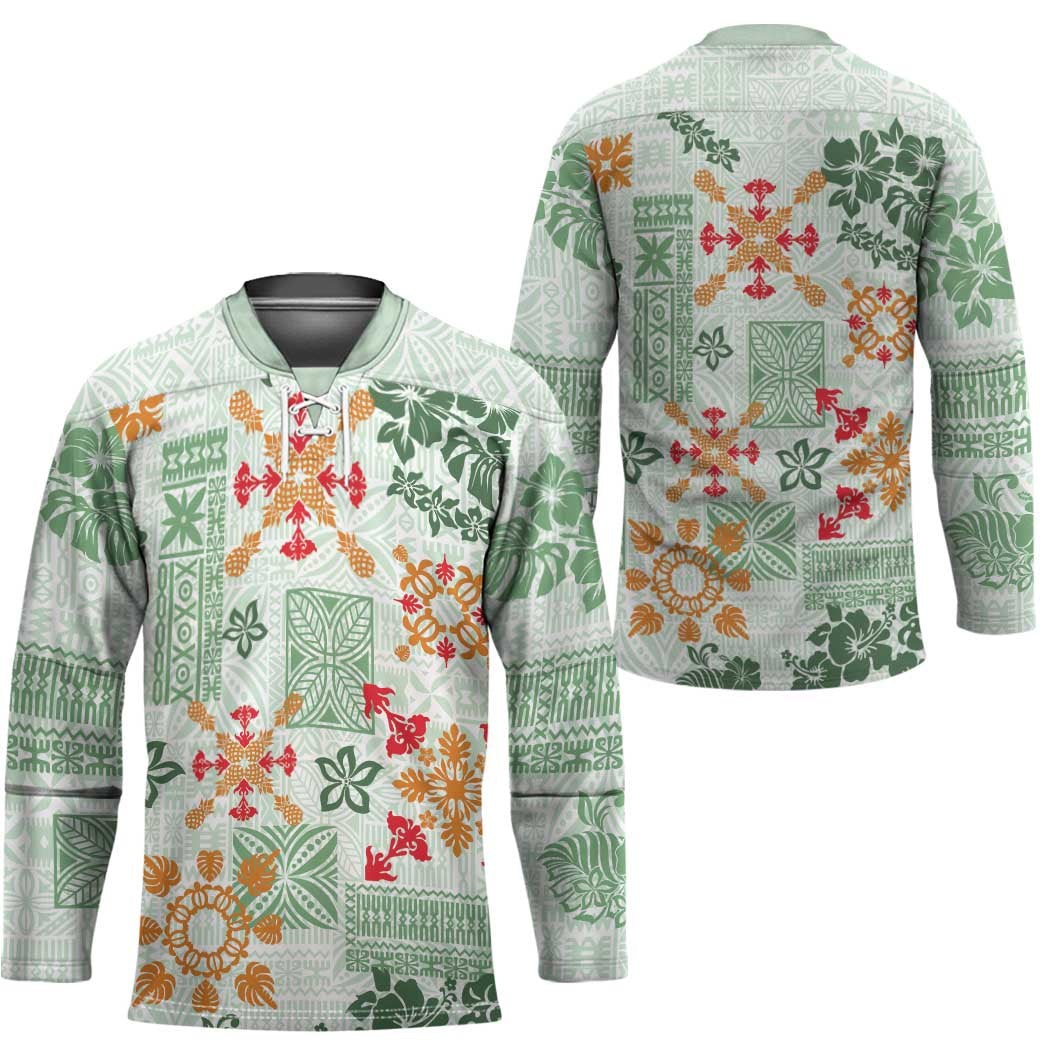 Hawaii Tapa Tribal Hockey Jersey With Hawaiian Quilt Pattern Green - Polynesian Pride