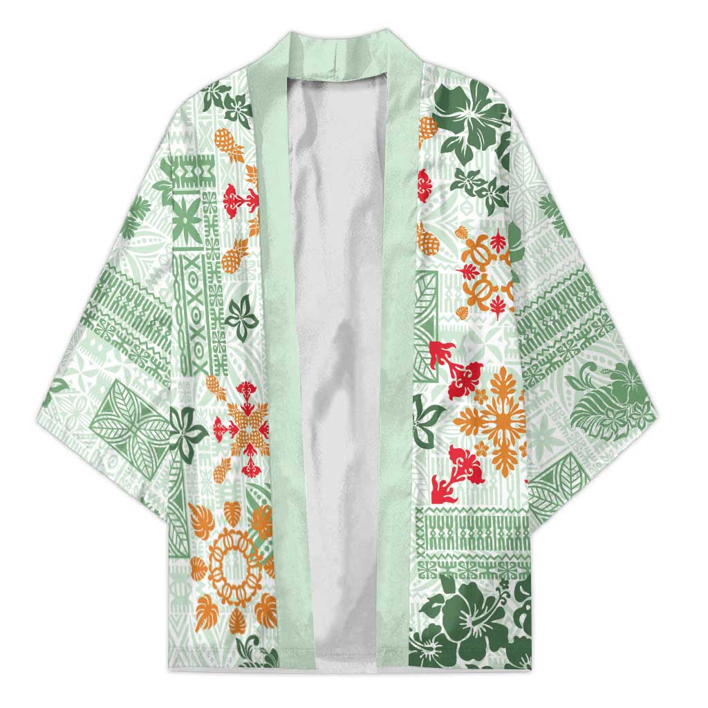 Hawaii Tapa Tribal Kimono With Hawaiian Quilt Pattern Green - Polynesian Pride