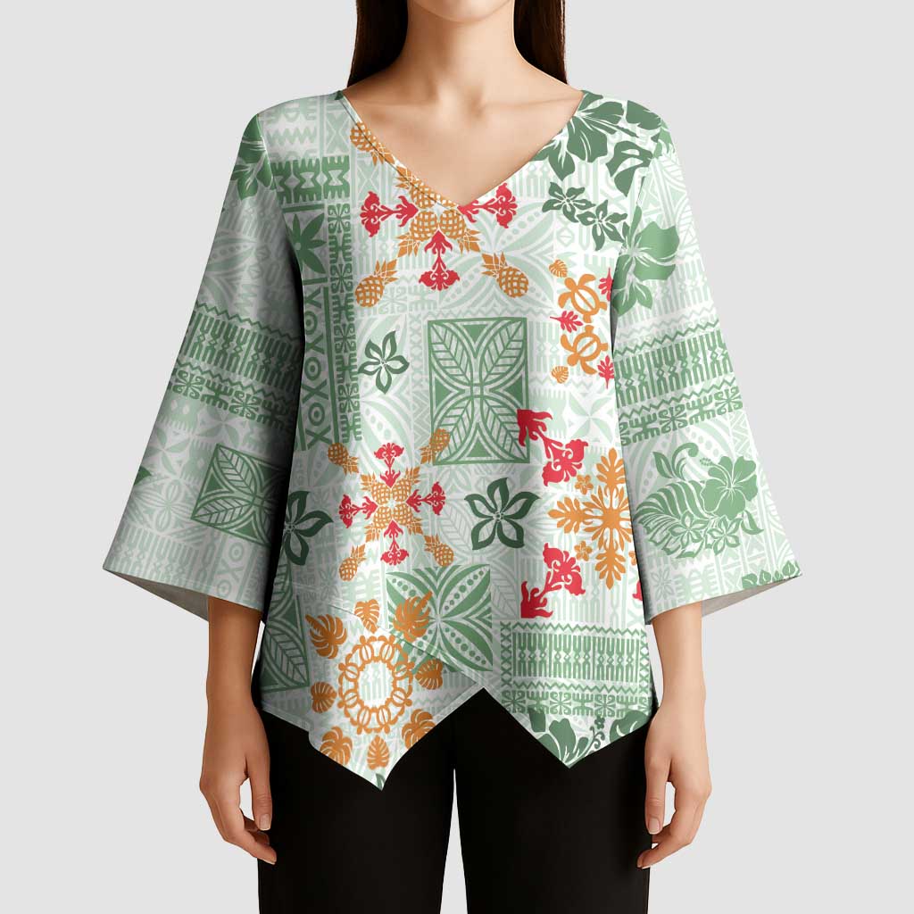 Hawaii Tapa Tribal Kimono Sleeve Blouse With Hawaiian Quilt Pattern Green - Polynesian Pride