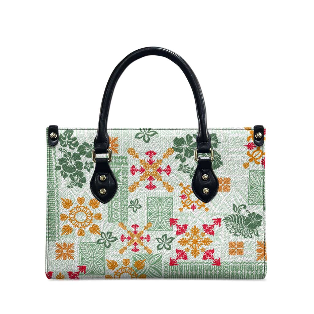 Hawaii Tapa Tribal Leather Bag With Hawaiian Quilt Pattern Green - Polynesian Pride