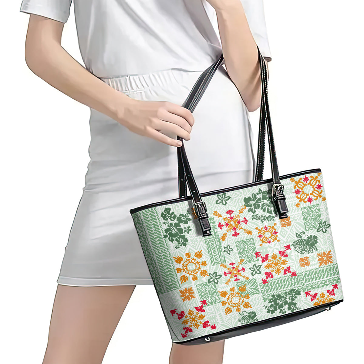 Hawaii Tapa Tribal Leather Tote Bag With Hawaiian Quilt Pattern Green LT9 - Polynesian Pride