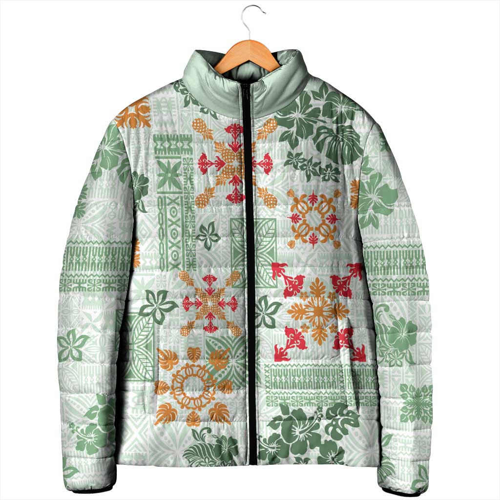 Hawaii Tapa Tribal Padded Jacket With Hawaiian Quilt Pattern Green - Polynesian Pride