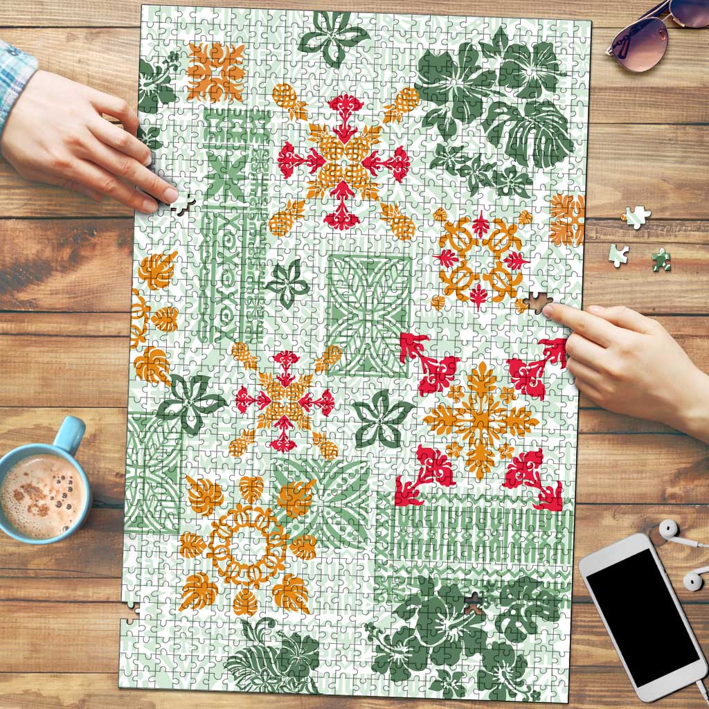 Hawaii Tapa Tribal Puzzle With Hawaiian Quilt Pattern Green - Polynesian Pride