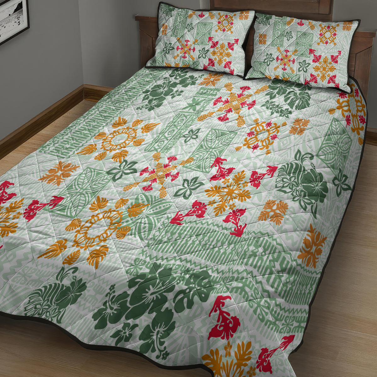 Hawaii Tapa Tribal Quilt Bed Set With Hawaiian Quilt Pattern Green LT9 - Polynesian Pride