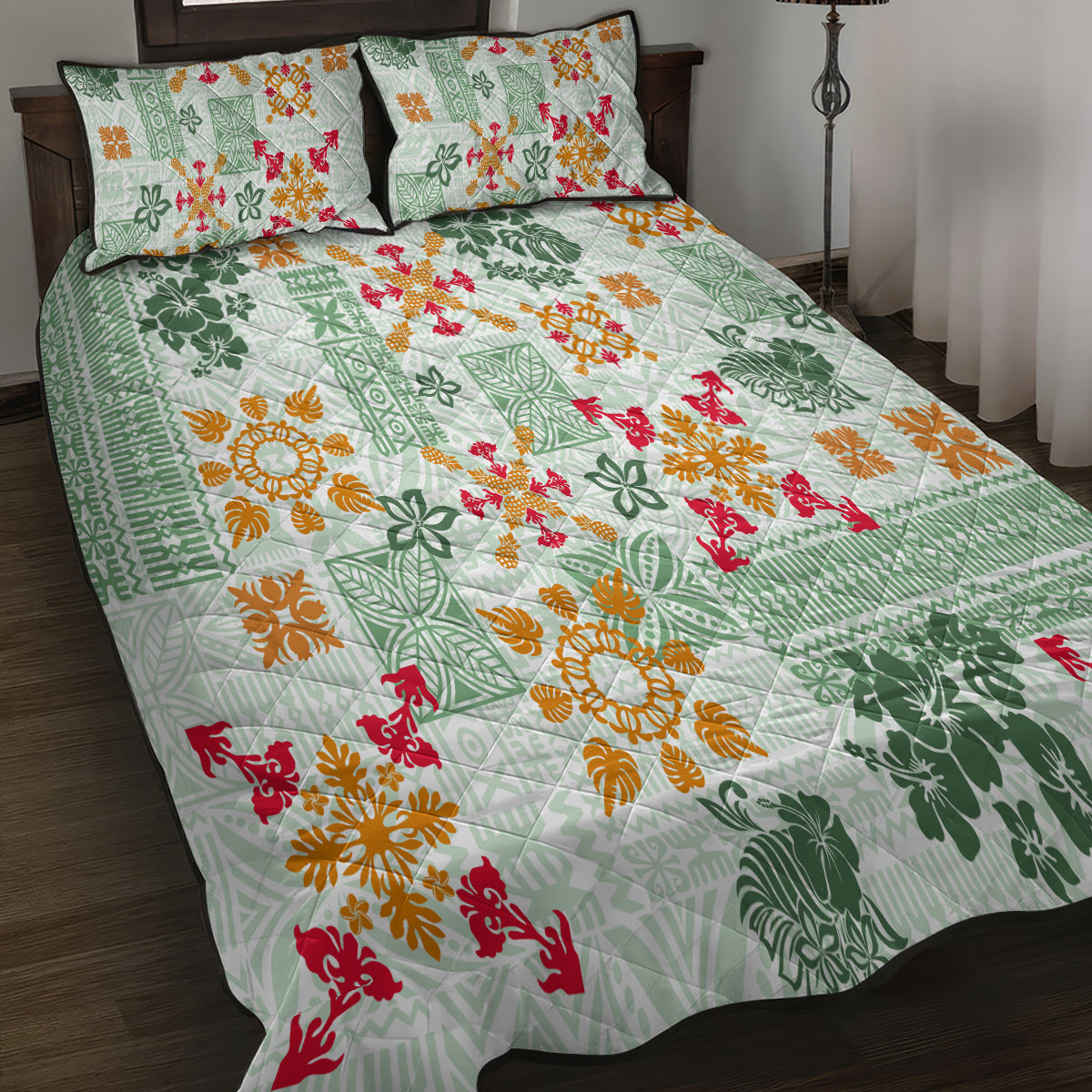 Hawaii Tapa Tribal Quilt Bed Set With Hawaiian Quilt Pattern Green LT9 - Polynesian Pride
